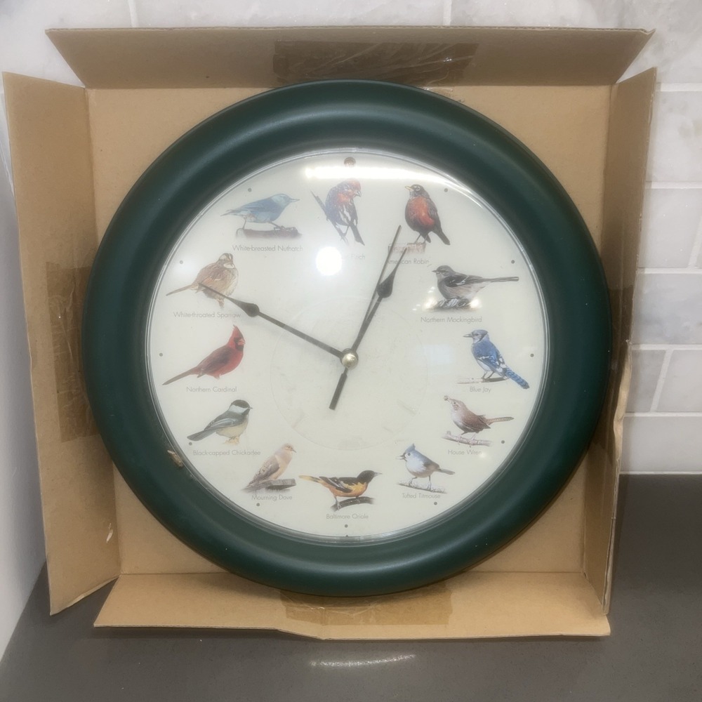 Birds Of America Singing Birds Clock Green Frame 25th Anniv 13" As Seen On TV